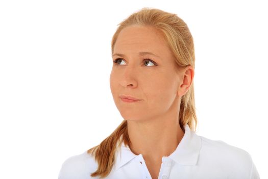 Woman looking to the side. All on white background.