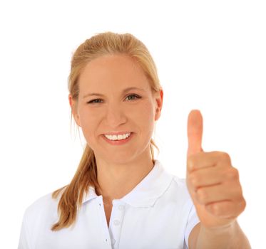 Woman showing thumbs up. All on white background.