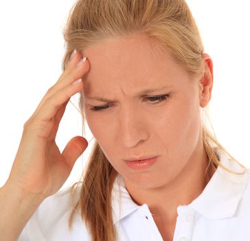 Attractive woman got a headache. All on white background.