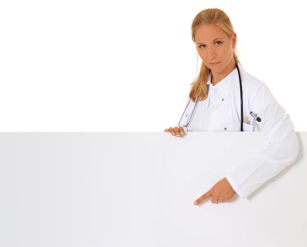 Doctor pointing with finger on board. All on white background.