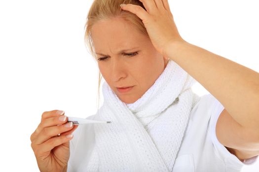 Woman feels unwell. All on white background.