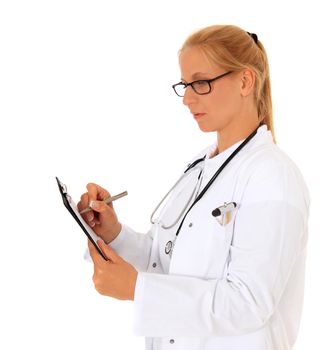 Physician writing on clipboard. All on white background.