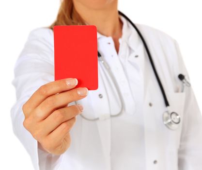 Doctor showing red card. All on white background.