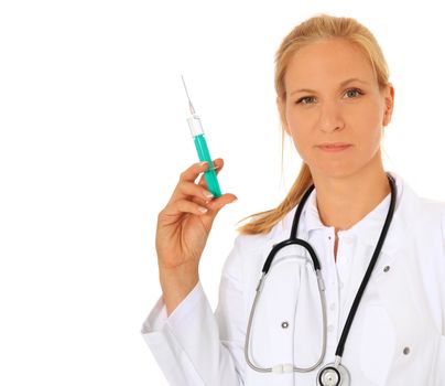 Doctor holding syringe. All on white background.