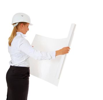 Female engineer studying construction plan. All on white background.