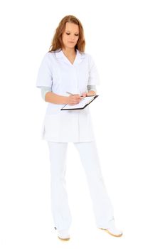 Physician writing on clipboard. All on white background.