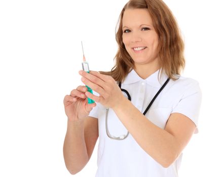 Doctor holding syringe. All on white background.