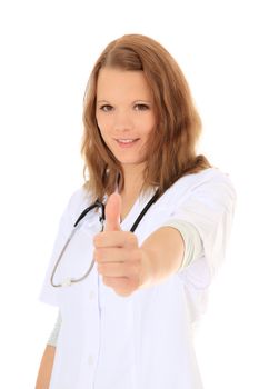 Confident doctor showing thumb up. All on white background.