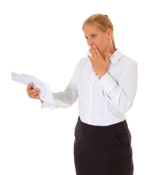 Attractive woman getting bad news. All on white background.