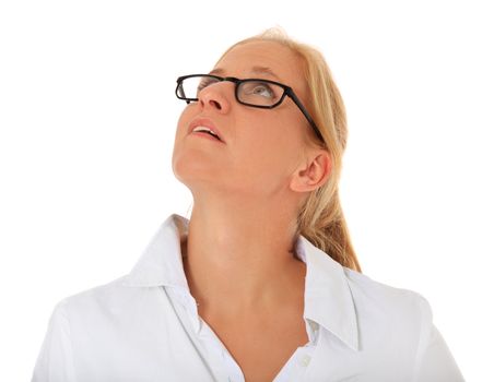 Attractive woman with glasses looking up. All on white background.