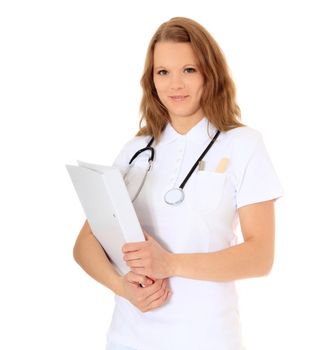 Confident doctor holding documents. All on white background.