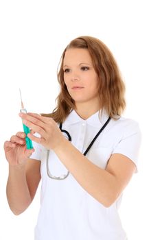 Doctor holding syringe. All on white background.