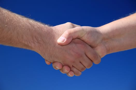 Two persons shaking hands in front of bright blue sky.