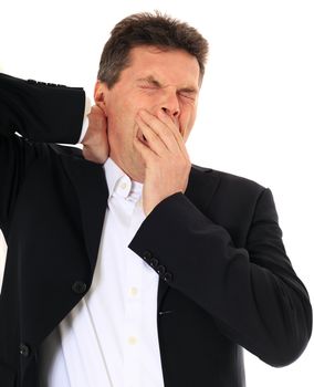 Tired middle-aged man. All on white background.