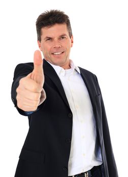 Attractive middle-aged man making thumbs up sign. All on white background.