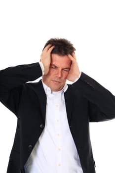 Attractive middle-aged man suffering from headache. All on white background.