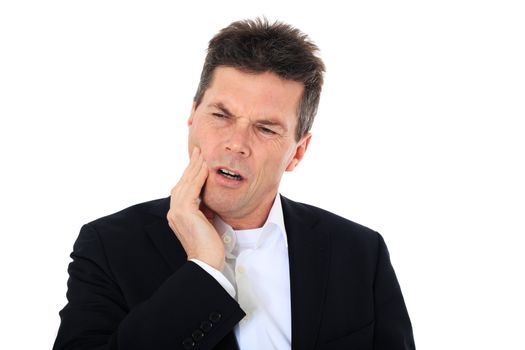 Attractive middle-aged man suffering from toothaches. All on white background.