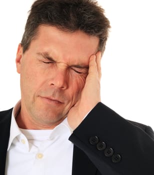 Attractive middle-aged man suffering from headache. All on white background.