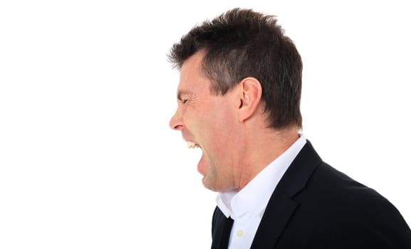 Angry middle-aged man. All on white background.