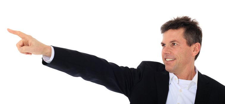 Attractive middle-aged man pointing to the side. All on white background.