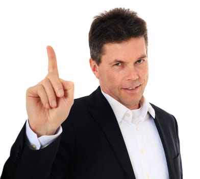 Attractive middle-aged man lifting his finger. All on white background.