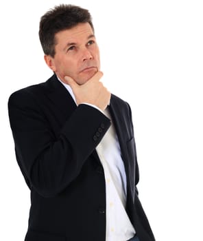 Attractive middle-aged man deliberates a decision. All on white background.