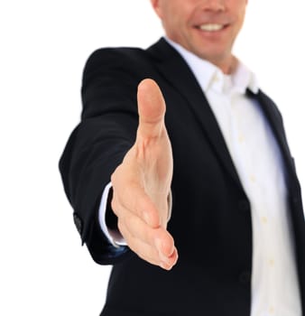 Attractive middle-aged man making handshake. All on white background.