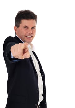 Attractive middle-aged man pointing with finger. All on white background.