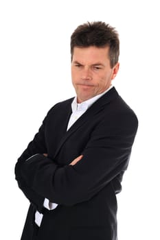 Attractive middle-aged man in stressed mood. All on white background.