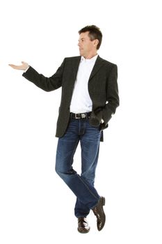 Attractive middle-aged man pointing to the side. All on white background.