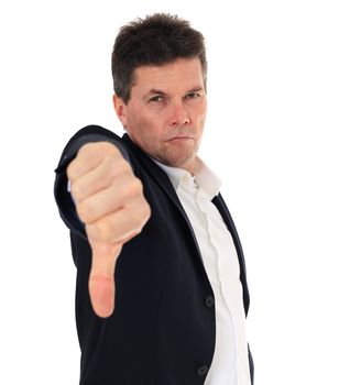 Attractive middle-aged man making negative gesture. All on white background.