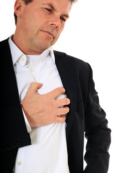 Attractive middle-aged man suffering from heart attack. All on white background.