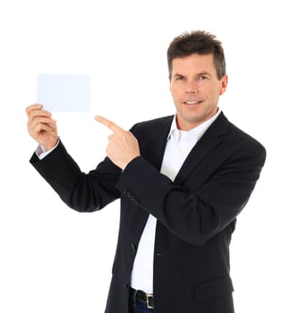 Attractive middle-aged man holding business card. All on white background.