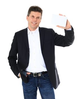 Attractive middle-aged man holding business card. All on white background.