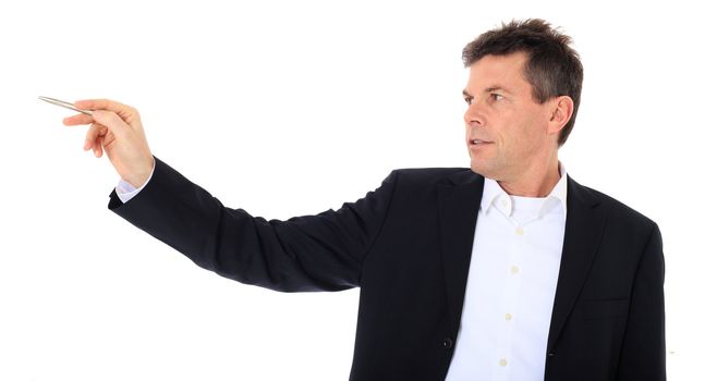 Attractive middle-aged man pointing to the side. All on white background.