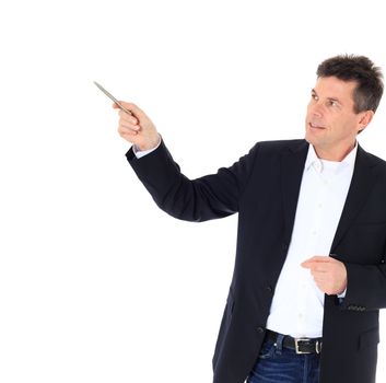 Attractive middle-aged man pointing to the side. All on white background.