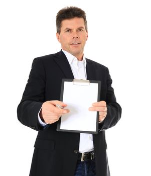 Attractive middle aged man asks for a signature. All isolated on white background.