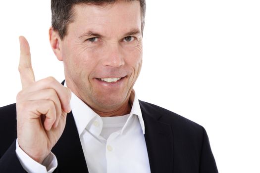 Attractive middle-aged man lifting his finger. All on white background.