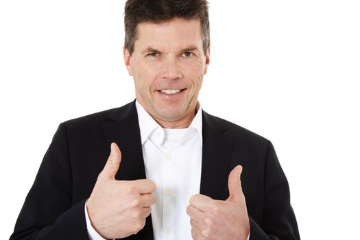 Attractive middle-aged man making thumbs up sign. All on white background.