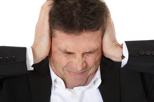 Attractive middle-aged man suffering from headache. All on white background.