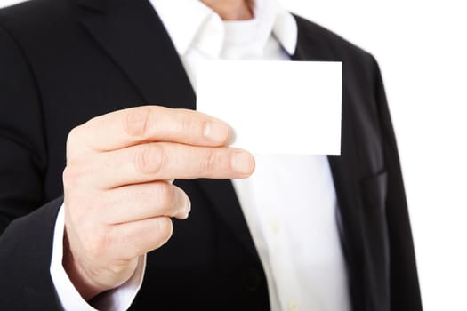 Attractive middle-aged man holding business card. All on white background.