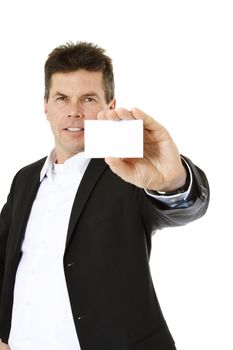 Attractive middle-aged man holding business card. All on white background.