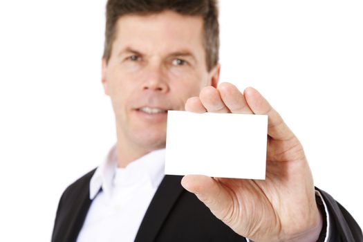 Attractive middle-aged man holding business card. All on white background.