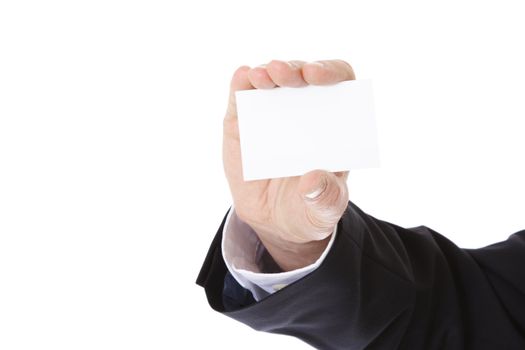 Businessman holding business card. All on white background.