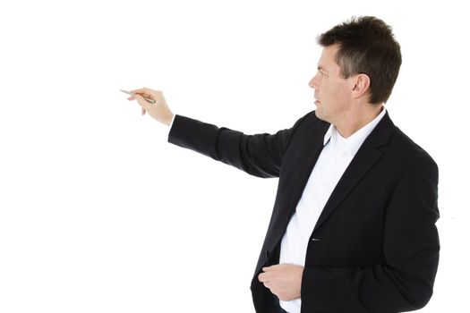 Attractive middle-aged man pointing to the side. All on white background.