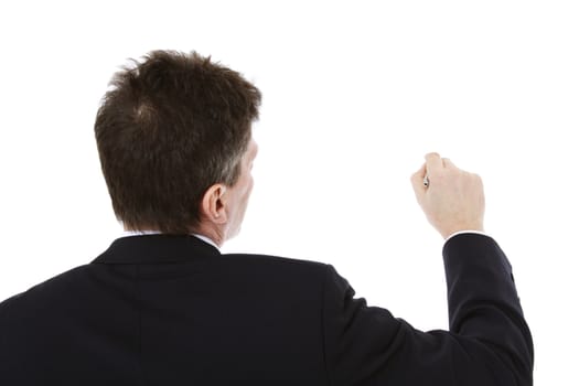 Back view of a businessman using marker. All on white background.