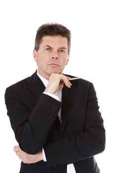 Attractive middle-aged man deliberates a decision. All on white background.