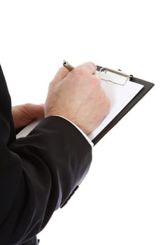 Middle-aged man writing on clipboard. All on white background.