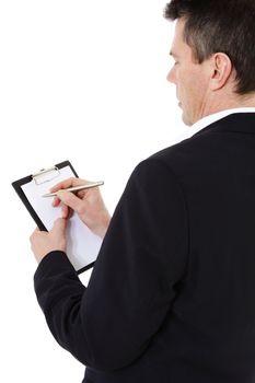 Attractive middle-aged man writing on clipboard. All on white background.