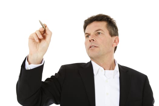 Attractive middle-aged man sketching something. All on white background.